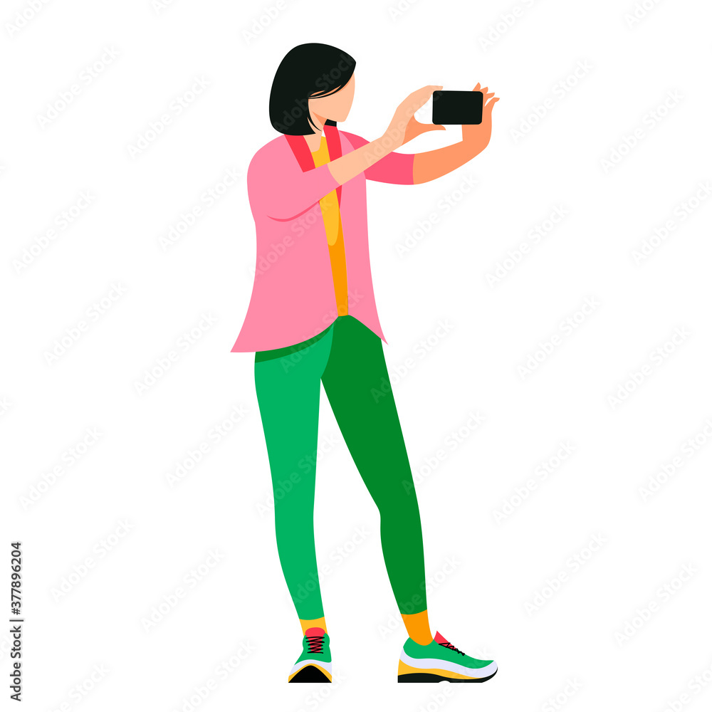 Isolated on white woman taking selfies vector illustration. Smartphone user making photo design element in flat cartoon style. Isolated on white woman taking selfies vector illustration. Smartphone user making photo design element in flat cartoon style.