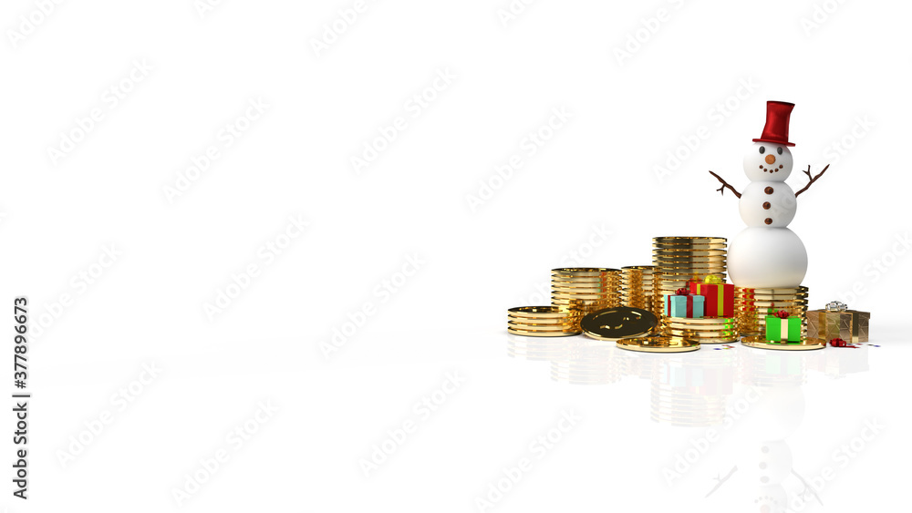 snowman and gold coins for business in Christmas or new year 3d rendering