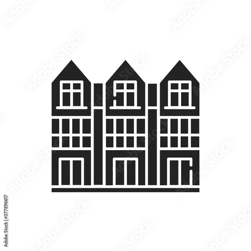 Townhouse black glyph icon. View from the cottage. Landscape of the surrounding. Pictogram for web page, mobile app, promo. UI UX GUI design element.