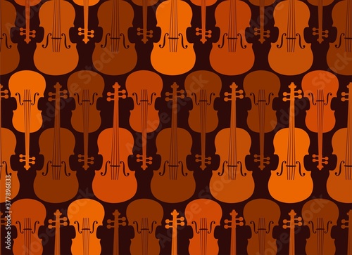 Violins, seamless pattern, brown. Brown and orange violins on a dark field. Vector.  