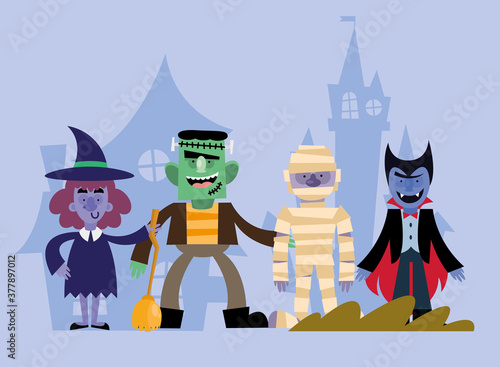 Halloween frankenstein witch mummy and vampire cartoons vector design