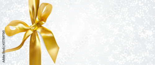 Holiday gift certificate template with gold bow, ribbon on white shimmery textured background. Premium class design for Voucher, Gift card, Invitation to event (Christmas)