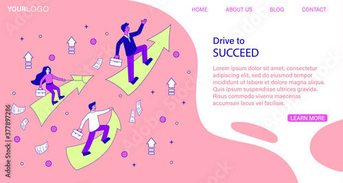 Drive to Succeed business motivation or career ambition concept with three businesspeople surfing rising arrows, colored vector illustration. Web page template