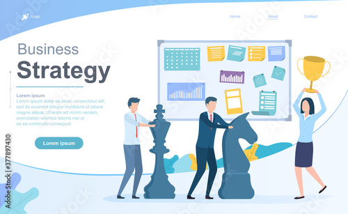 Business strategy and planning concept with a successful winning team using chess pieces in the office  colored vector illustration web page template