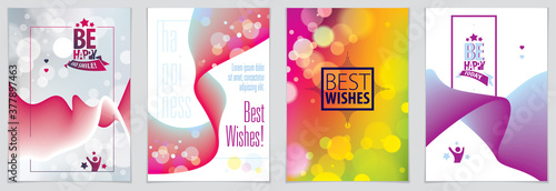 Birthday vector design for greeting card. Includes lettering composition and balloons combined with wavy fluid colorful shape abstract backgrounds collection.