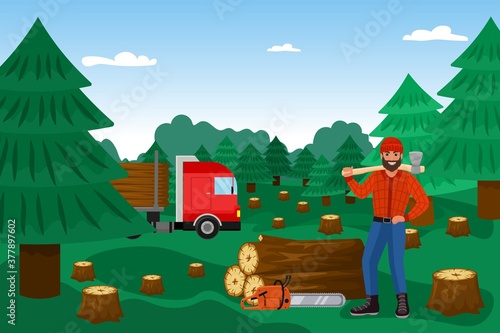 Lumberjack with woodcutter in forest, timber vector illustration. Lumber wood, cutting logs worker cartoon character. Lumberman in checkered shirt. Firewood industry lumberer.