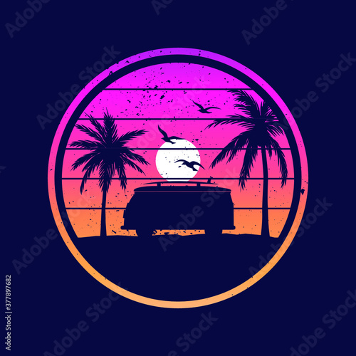 Landscape skyline with Van, sun and palm trees. Retrowave, 80's vector graphic for apparel
