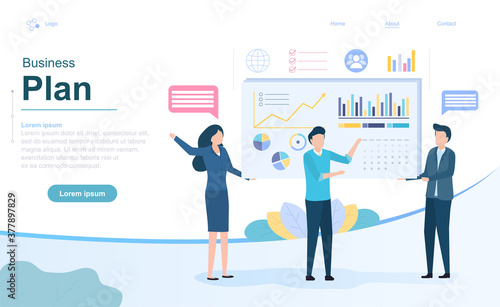 Business Plan and Strategy concept with diverse business team analysing statistics and brainstorming, colored vector illustration web page template