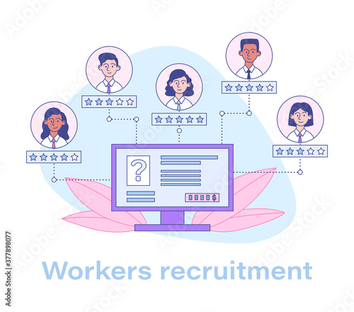 Recruiting workers in a business online with diverse applicants surrounding an online CV on a computer screen, or concept of people with different skills working together. Flat vector illustration