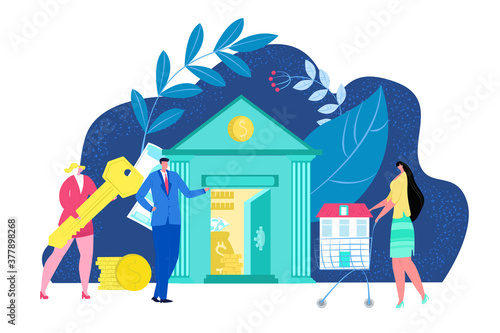 Mortgage house concept, buying real estate vector illustration. Real estate agent giving home key to mortgager. Buying property, residential building. Rent or mortgage. Investment into real estate.