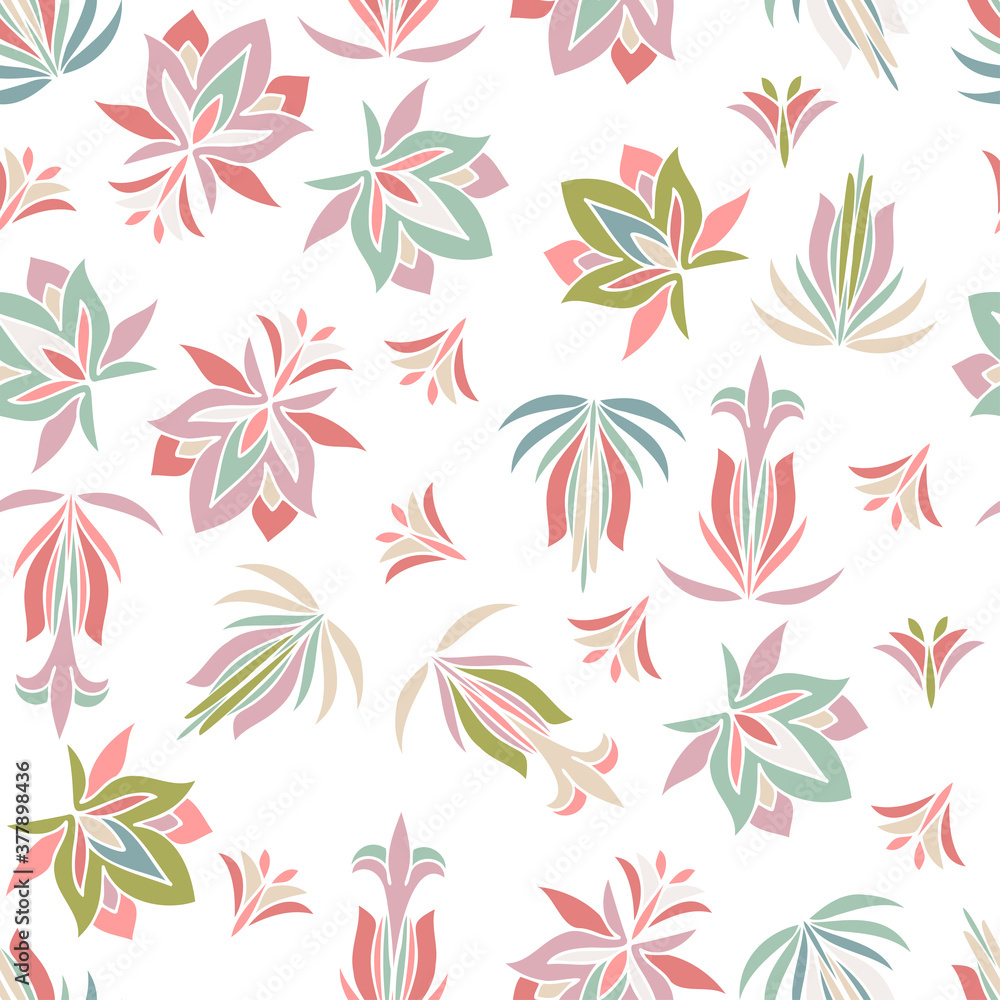 Vector seamless colorful pattern design of lined abstract ornamental flowers in pastel colors. The design is perfect for backgrounds, textiles, wrapping paper, wallpaper, decorations and surfaces