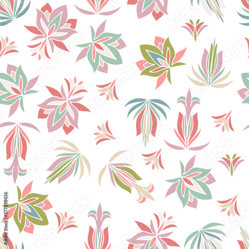 Vector seamless colorful pattern design of lined abstract ornamental flowers in pastel colors. The design is perfect for backgrounds, textiles, wrapping paper, wallpaper, decorations and surfaces