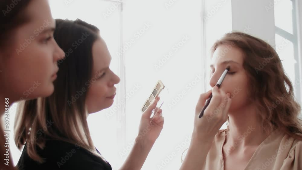 Adult professional teacher visagiste training her young student to become makeup artist at master class in beauty salon.
