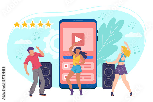 Music in smartphone, mobile technology for dancing party vector illustration. Happy young people listen and dance with musical stream on phones screen. Music player in cellphone.