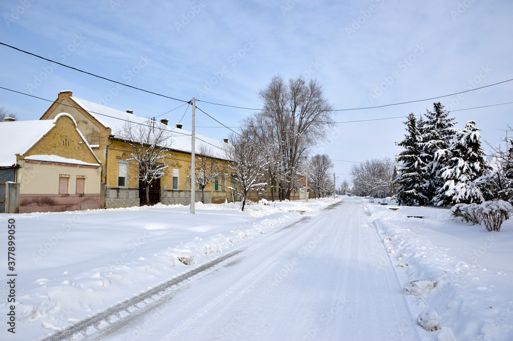 snowy winter in rural village Backi Petrovac, Vojvodina snowy winter in rural village Backi Petrovac, Vojvodina