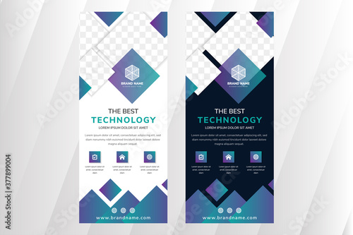 The best technology vertical banner design template. square shape for photo collage. white and dark blue background. blue purple gradient for element roll up banner. 