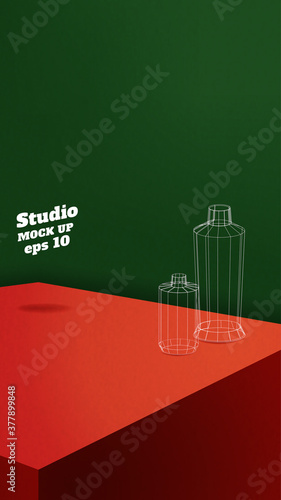 Vector,vertical Empty red and green 3d studio table xmas room background,product display with copy space for display of design.christmas holiday Banner for advertise product on media