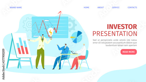 Presentation for investor web page, landing, vector illustration. Startup ideas on board. Partners and investors at conference, digital development. Website template for company investment project.