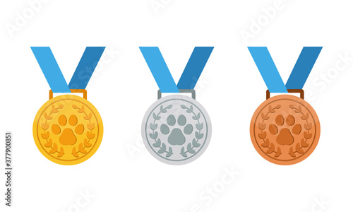 Coin gold, silver and bronze medal with paw icon. Paw print. Animal competition. Vector on isolated white background. EPS 10