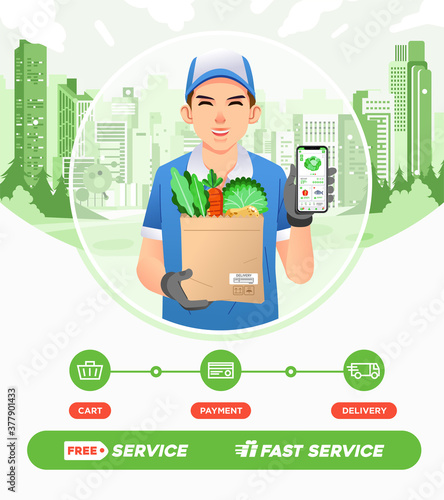 couriers deliver vegetable orders from supermarkets. online grocery shopping app at smartphone vector illustration