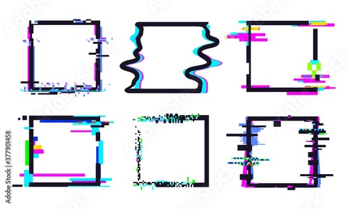 Glitch square frame. Square template shape colorful, dynamic glow pixel defect illustration vector. Distorted effect collection
