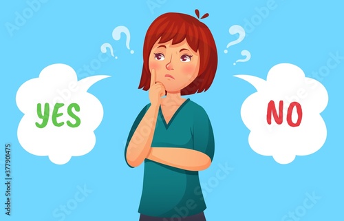 Woman making decision. Illustration female thoughtful, girl pondering, making decision problem, yes or no vector