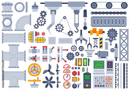Flat machinery. Auto construction different mechanism, technical gears, pinion, shaft, joints, factory equipment machine parts vector set. Illustration machinery industry, equipment and engineering