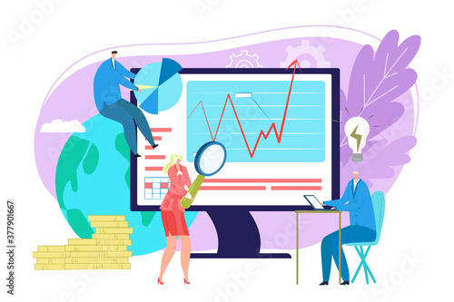 Seo optimisation concept, vector illustration. Search Engine Optimisation, web content marketing to get more visitors. Team analysis strategy, search, promotion, keywords optimization.