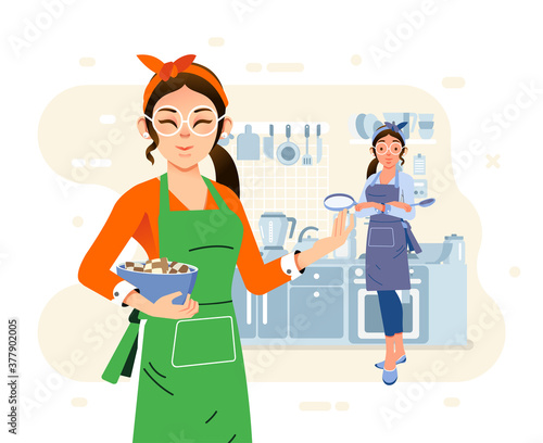 two moms cooking together in the kitchen, wearing apron and kitchen appliance as background