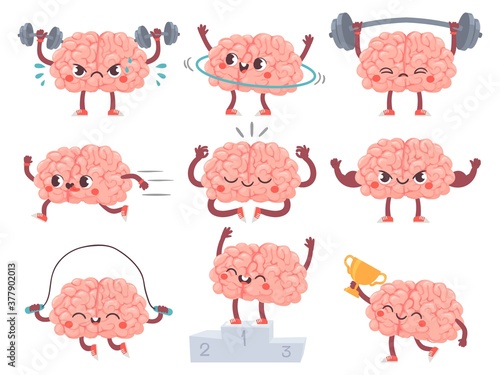 Brain and sport. Comic brains sports activities, training achievements iq metaphor, mental exercise, fitness cartoon vector characters. Sport brain character, workout and train illustration