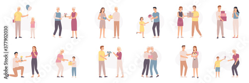 Man giving flowers. Men different ages give bouquet and gift to women and kids, floral present birthday or valentines day, vector set. Illustration bouquet romantic for girlfriend, relationship couple