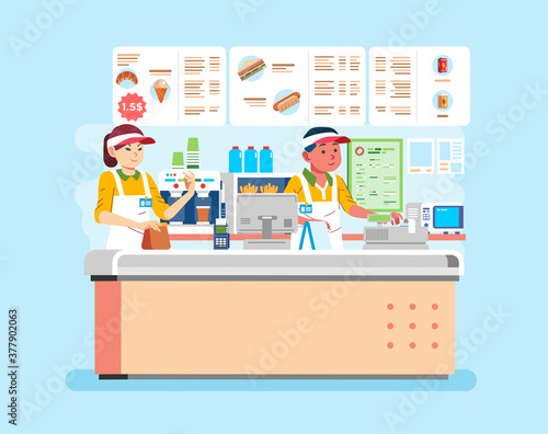 vector illustration of man and women cashier wearing uniform at fast food restaurant is serving customers