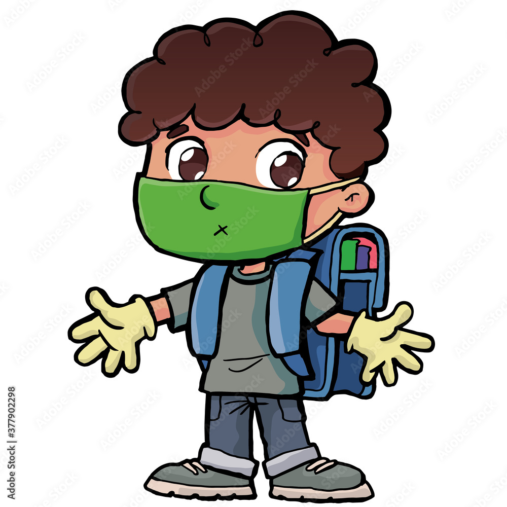 little schoolboy boy with a protective mask and gloves ready for school