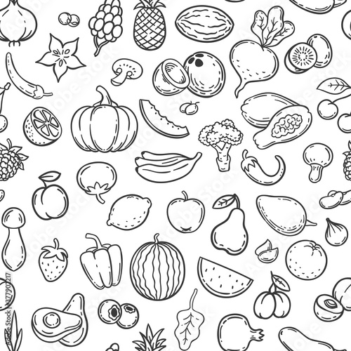 Vegetables and fruits. Hand drawn contour fruit and vegetable icons, vegan lifestyle, healthy organic food, doodle vector seamless pattern. Contour fresh citrus carrot, kiwi and cabbage illustrations