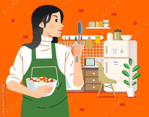 young mom cooking in the kitchen, shes holding bowl and spoon with kitchen interior as background vector illustration