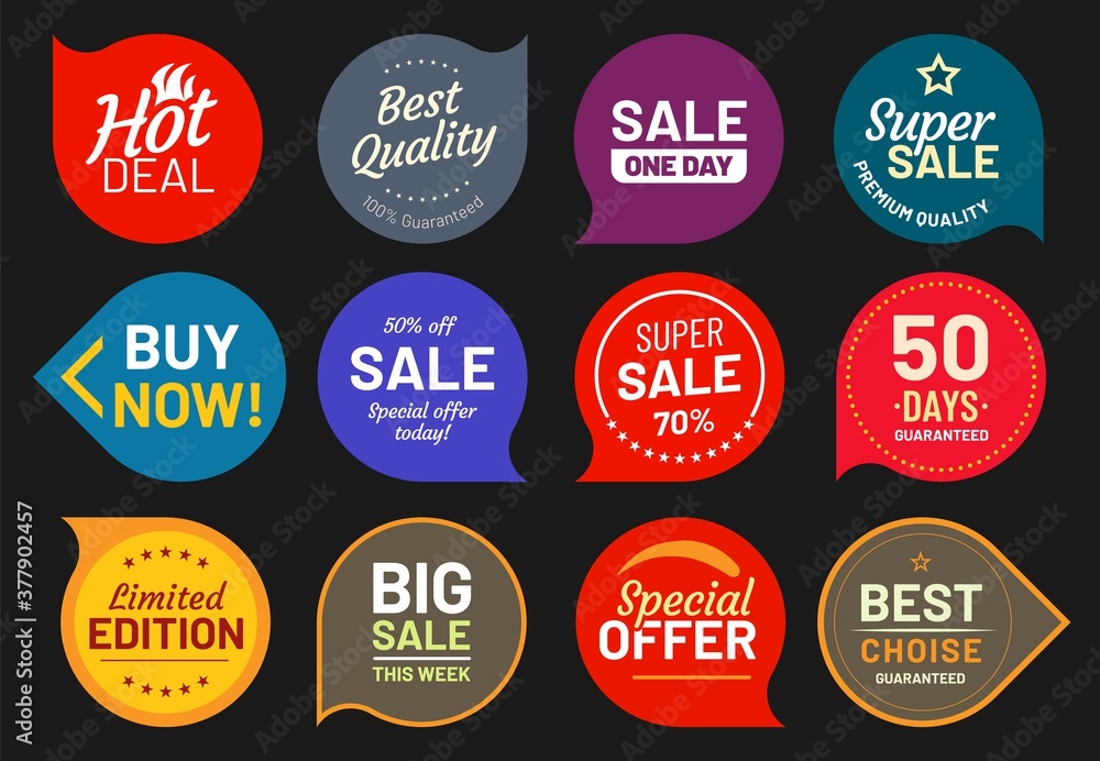 Sale quality badges. Quality stamp sticker, badge premium, product emblem price illustration, discount and guaranteed - obrazy, fototapety, plakaty 