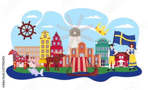 Stockholm Sweden cartoon travel vector illustration. Buildings, landmarks and tourism symbols. Gamla stan old city, scandinavian souvenirs, flag and swede people in national costumes.