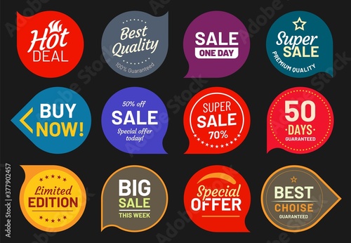 Sale quality badges. Quality stamp sticker, badge premium, product emblem price illustration, discount and guaranteed