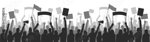 Activists protest seamless border. Strike group demonstration, demonstrator standing holding, equality manifestation. Vector illustration
