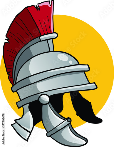 ancient roman iron helmet with big red decoration