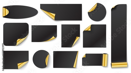 Black stickers with gold. Sticker gold corner on white, vector blank black illustration with corner curl
