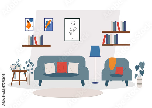 Cartoon flat living room interior vector illustration modern style  © TetiSof