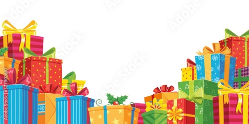 Gift banner with pile boxes to celebration and present holiday, illustration box with colored bow ribbon, greeting birthday vector