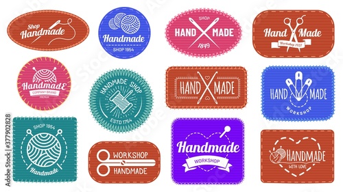 Handmade badges logo, graphic logotype tag label, quality handmade company, craft tailor and sewing, vector illustration