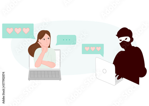 Scammer on dating site cheating girl vector illustration cartoon flat design modern style 