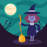 Halloween witch cartoon with broom vector design