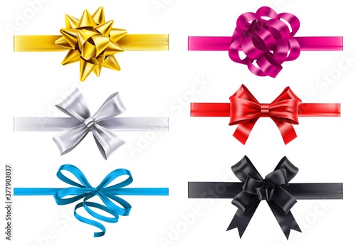 Realistic ribbons with bows. Vector bow decoration, birthday gift knot made form satin for christmas illustration