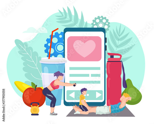 Training at home concept, fitness vector illustration. Parents and kid doing sport exercises, training at home in front of phone app for sportive workout. Stay home and keep fit. Healthy activity.