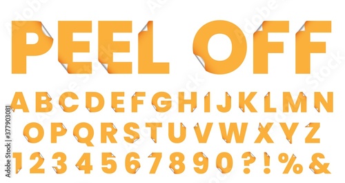 Sticker font. Peel off letters. Font sticker typographic, typography letter and numbers, peel lettering type abc, vector illustration
