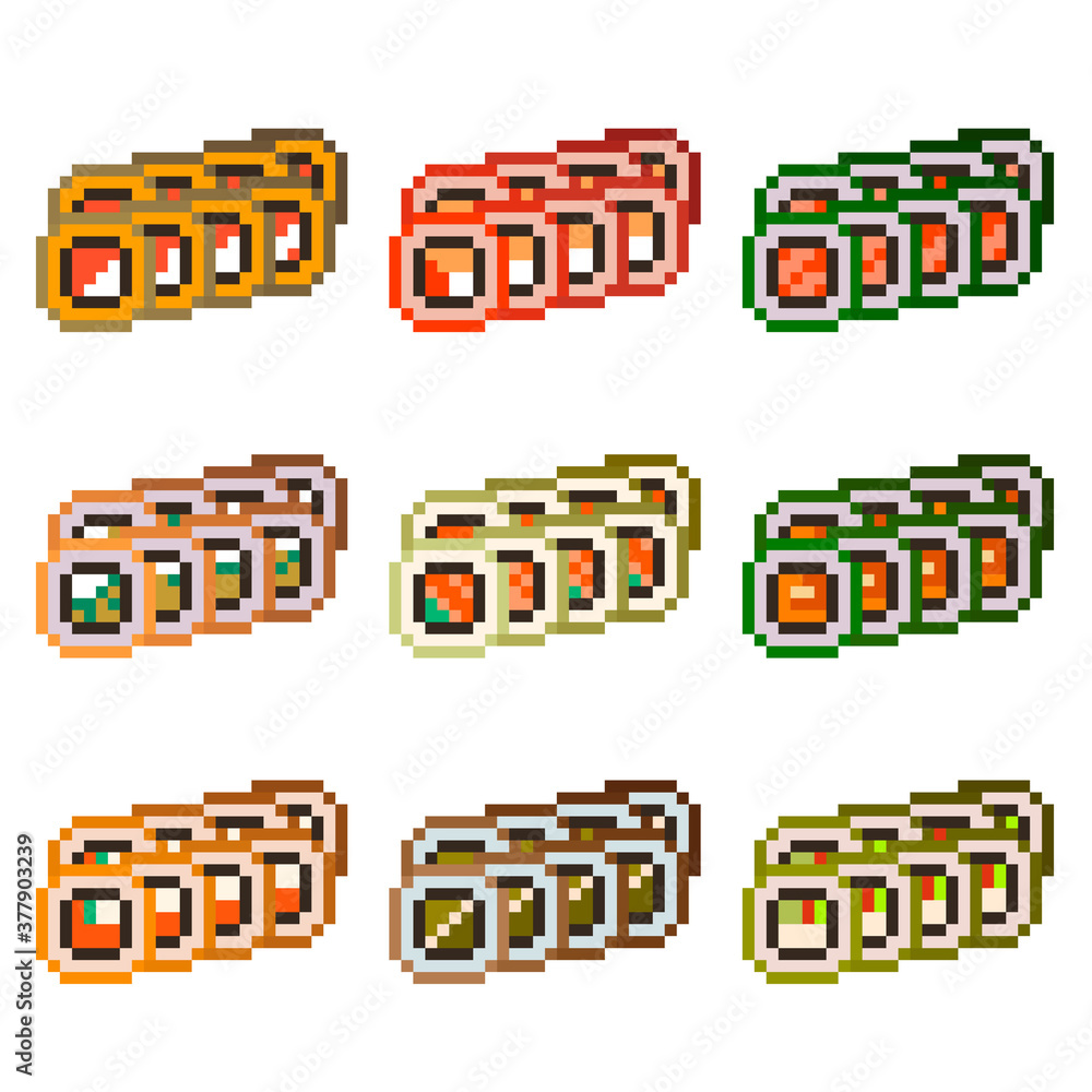 A set of nine pixel images of rolls, different fillings of cheese, shrimp, fish, cucumbers, avocado and more.